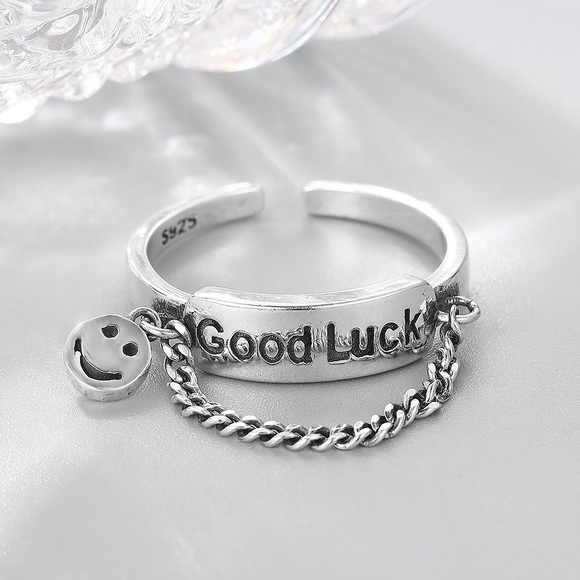 Smiley face ring, silver chain ring, lucky ring, stacking silver ring - Picture 2 of 10